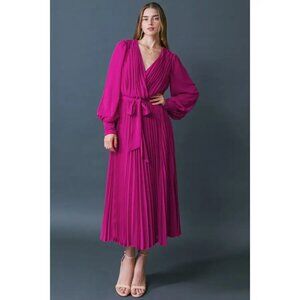 Fuschia Elegant, Pleated, V-Neck Dress with Belt